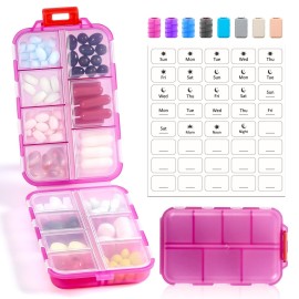 14 GRIDS Travel Pill Organizer Box with Labels - Travel Medicine Case Kit - Pocket Daily Pharmacy Container - Travel Medication Holder Dispenser for Fish Oil Vitamin Supplement Storage - Clear Pink