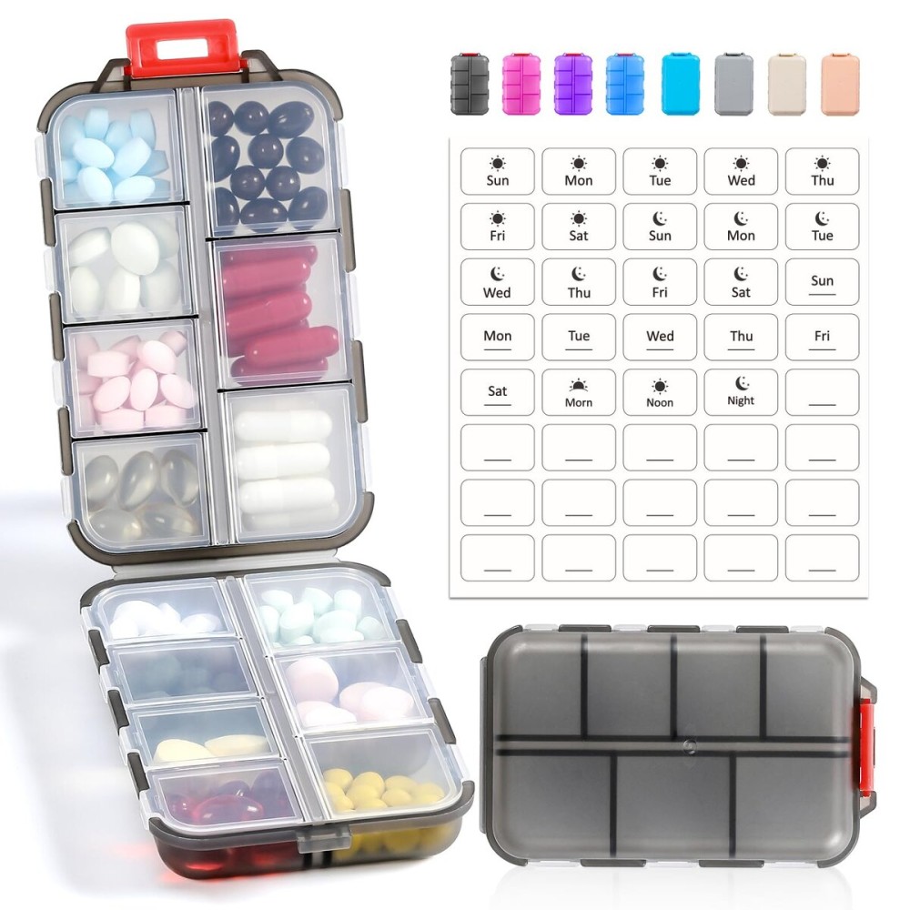 14 GRIDS Travel Pill Organizer Box with Labels - Travel Medicine Case Kit - Pocket Daily Pharmacy Container - Travel Medication Holder Dispenser for Fish Oil Vitamin Supplement Storage - Clear Gray
