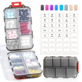 14 GRIDS Travel Pill Organizer Box with Labels - Travel Medicine Case Kit - Pocket Daily Pharmacy Container - Travel Medication Holder Dispenser for Fish Oil Vitamin Supplement Storage - Clear Gray