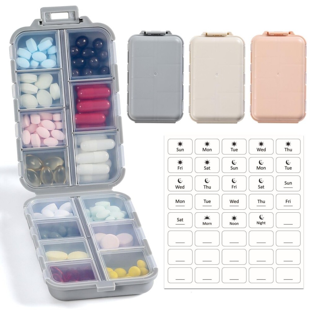 LANDNEOO 14 Grids Pill Organizer Box with Labels, Travel Medication Holder Dispenser Case Kit, Pocket Daily Pharmacy Container for Fish Oil Vitamin Supplement Storage, Khaki Pink Grey, 3 Pack