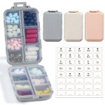 LANDNEOO 14 Grids Pill Organizer Box with Labels, Travel Medication Holder Dispenser Case Kit, Pocket Daily Pharmacy Container for Fish Oil Vitamin Supplement Storage, Khaki Pink Grey, 3 Pack