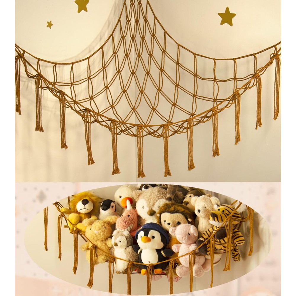 mirolam Stuffed Animal Hammock-Large Stuffed Animal Net For Toys Corner-Hanging Stuff Animal Toy Storage Organizer For Plush Plushie Display Caramel Toy Storage Girl Room Bedroom Boho Nursery Decor