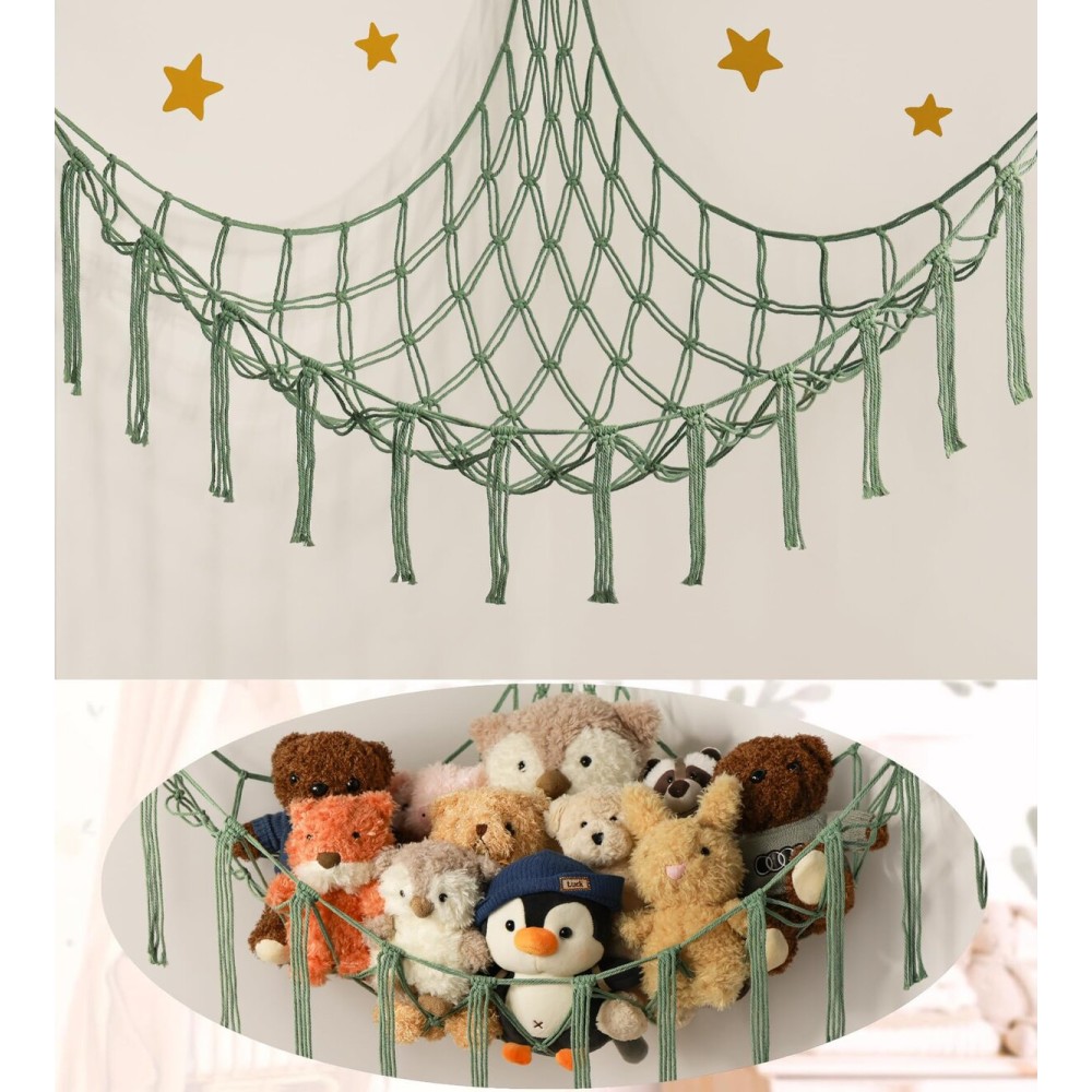 mirolam Stuffed Animal Hammock - Large Stuffed Animal Net Corner - Hanging Stuff Animal Storage Organizer For Plush Plushie Display Room Bedroom Boho Decor