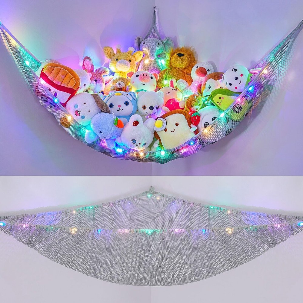 Unicorn Castle Stuffed Animals Net or Hammock Kids Toy Storage Organizer with LED Light Hanging Corner Stuffed Animals Holder Kids Girls Room Decor,Grey,Large (Pack of 1)