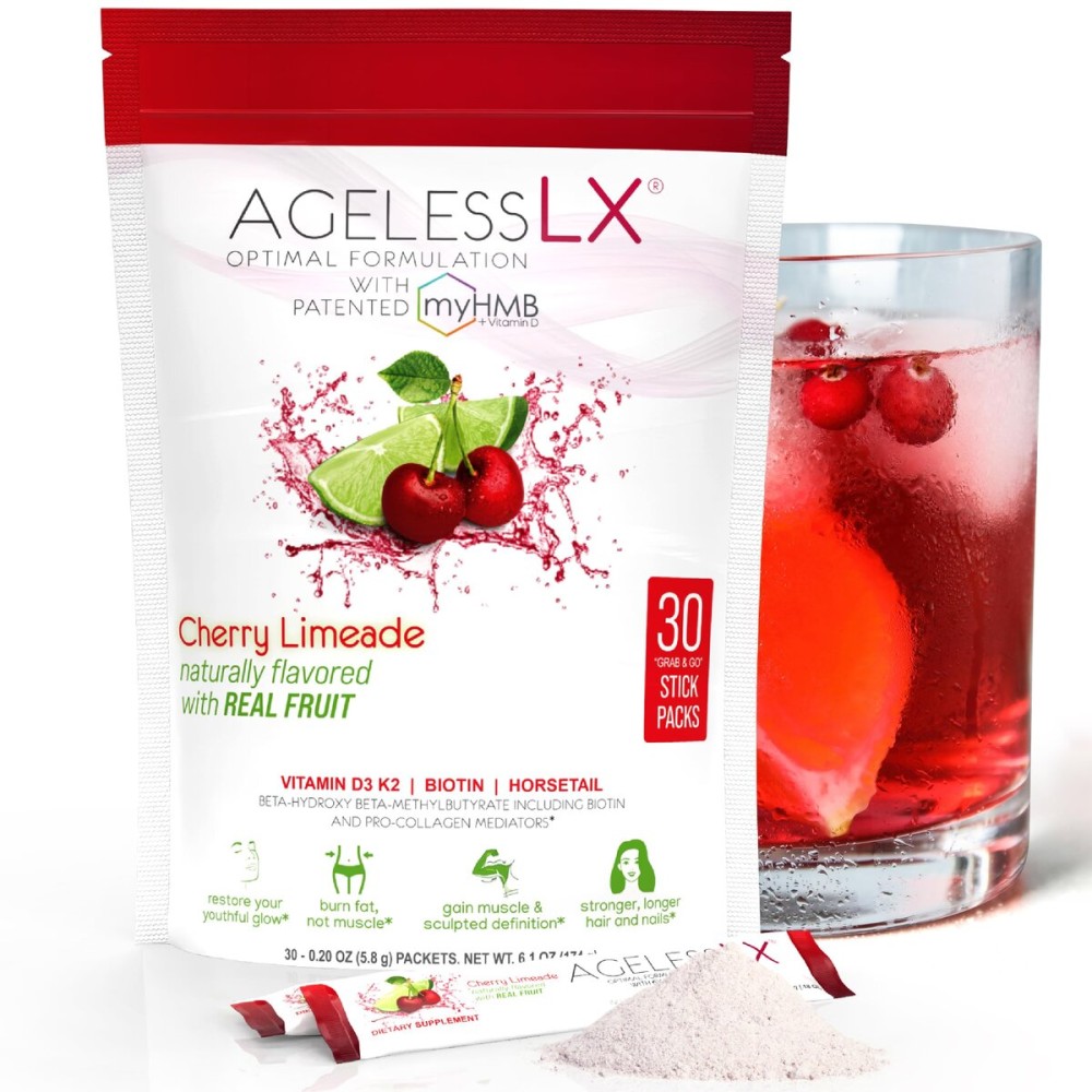 AgelessLX Powder Supplement for Women - with HMB Collagen Enhancer Plus Vitamin D3 with K2, Horsetail and Biotin for Lean Muscle and Stronger Hair and Nails - 30 Powder Packets, Cherry Limeade