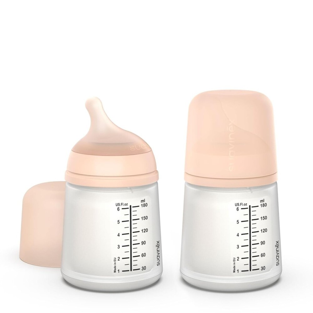 Suavinex Zero Zero Anti Colic Baby Bottle, No 1 Spanish Baby Bottle Brand, Minimizes Bottle Rejection & Nipple Confusion, Perfect for Combo Feeding, 2pk, 6oz/180mL, Fair Tone, Adaptable Flow Nipple