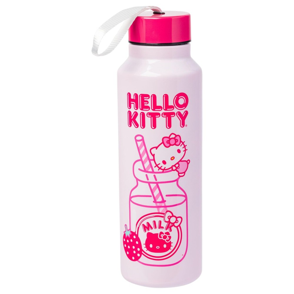 Silver Buffalo Hello Kitty Kawaii Strawberry Milk Pink Stainless Steel Water Bottle with Strap, 27 Ounces