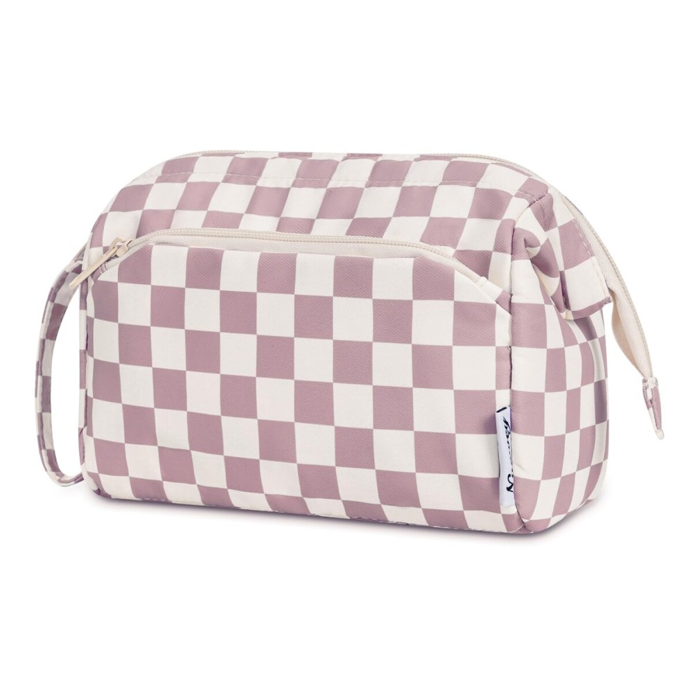 Narwey Checkered Makeup Bag Women Wide-open Make up Bag Travel Cosmetic Bag Organizer Toiletry Bag for Cosmetics Toiletries Accessories (Dusty Rose Checkerboard)