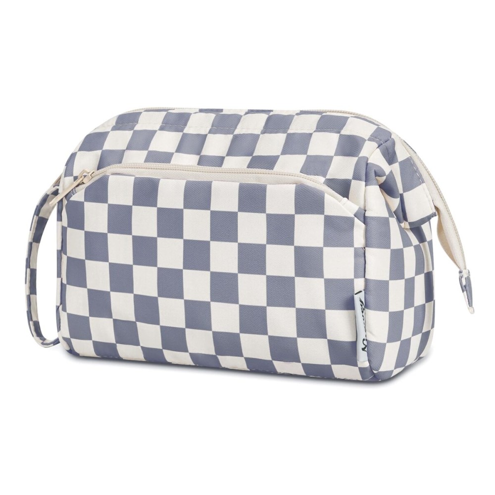 Narwey Checkered Makeup Bag Women Wide-open Make up Bag Travel Cosmetic Bag Organizer Toiletry Bag for Cosmetics Toiletries Accessories (Greyish Blue Checkerboard)
