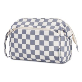 Narwey Checkered Makeup Bag Women Wide-open Make up Bag Travel Cosmetic Bag Organizer Toiletry Bag for Cosmetics Toiletries Accessories (Greyish Blue Checkerboard)