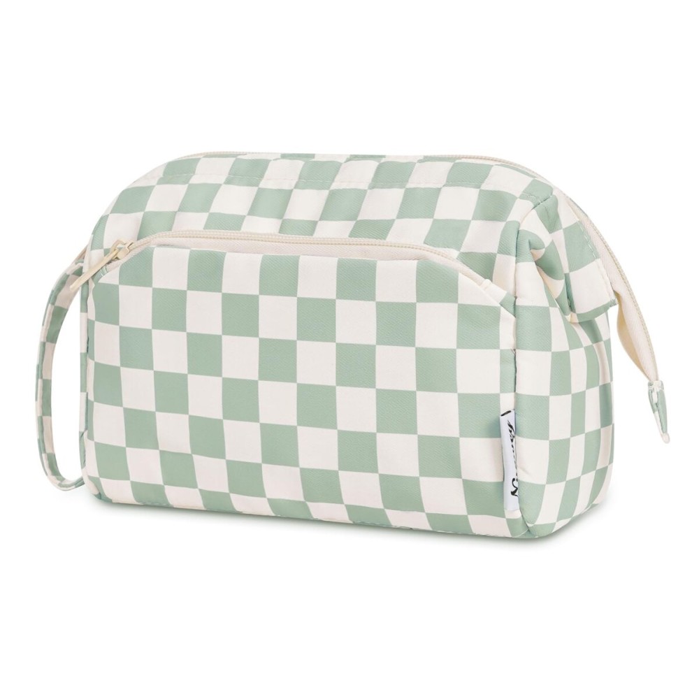 Narwey Checkered Makeup Bag Women Wide-open Make up Bag Travel Cosmetic Bag Organizer Toiletry Bag for Cosmetics Toiletries Accessories (Mint Green Checkerboard)