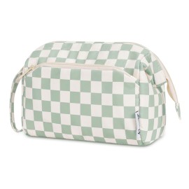 Narwey Checkered Makeup Bag Women Wide-open Make up Bag Travel Cosmetic Bag Organizer Toiletry Bag for Cosmetics Toiletries Accessories (Mint Green Checkerboard)
