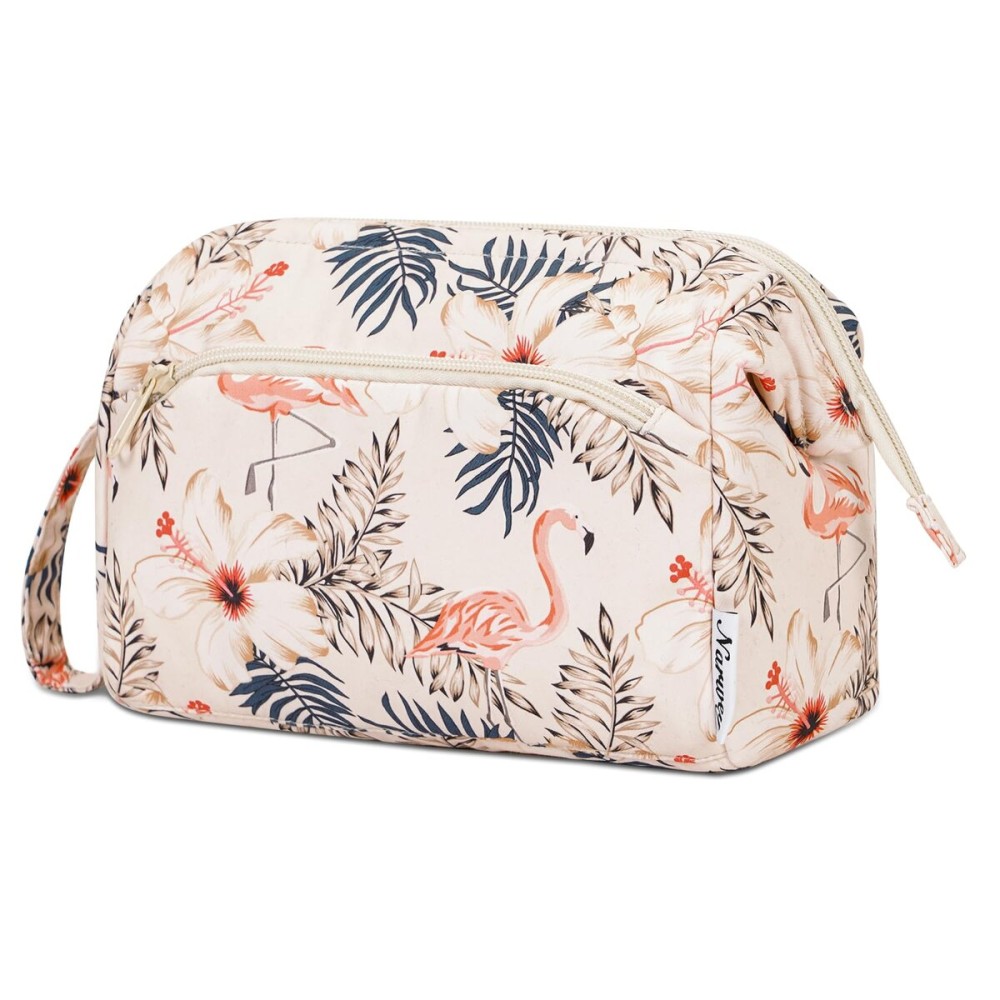 Narwey Women Makeup Bag Wide-open Make up Bag Travel Cosmetic Organizer Toiletry Bag for Cosmetics Toiletries Accessories (Beige Flamingo)