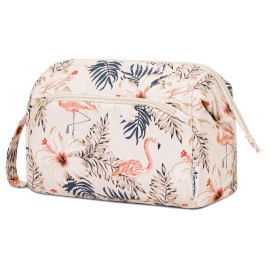 Narwey Women Makeup Bag Wide-open Make up Bag Travel Cosmetic Organizer Toiletry Bag for Cosmetics Toiletries Accessories (Beige Flamingo)