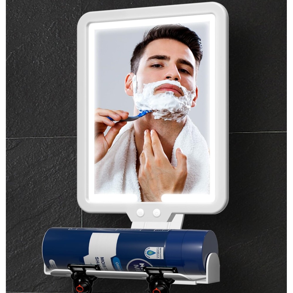 Lighted Shower Mirror Fogless for Shaving, Heated Fog Free Large 9.5*7inch 3 Color Modes Dimming Shower Shaving Mirror with Light, Rechargeable Anti-Fog Shower Mirror with Storage Tray & Razor Holders