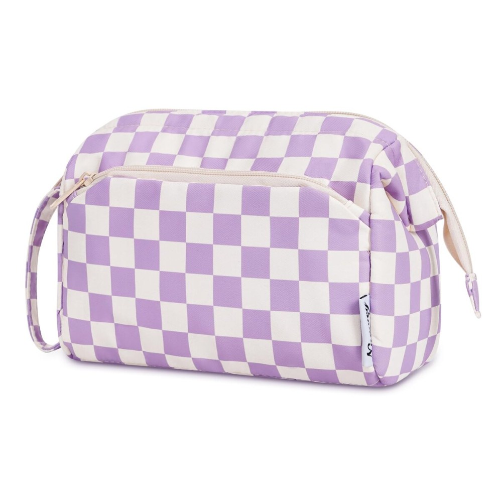 Narwey Checkered Makeup Bag Women Wide-open Make up Bag Travel Cosmetic Bag Organizer Toiletry Bag for Cosmetics Toiletries Accessories (Purple Checkerboard)