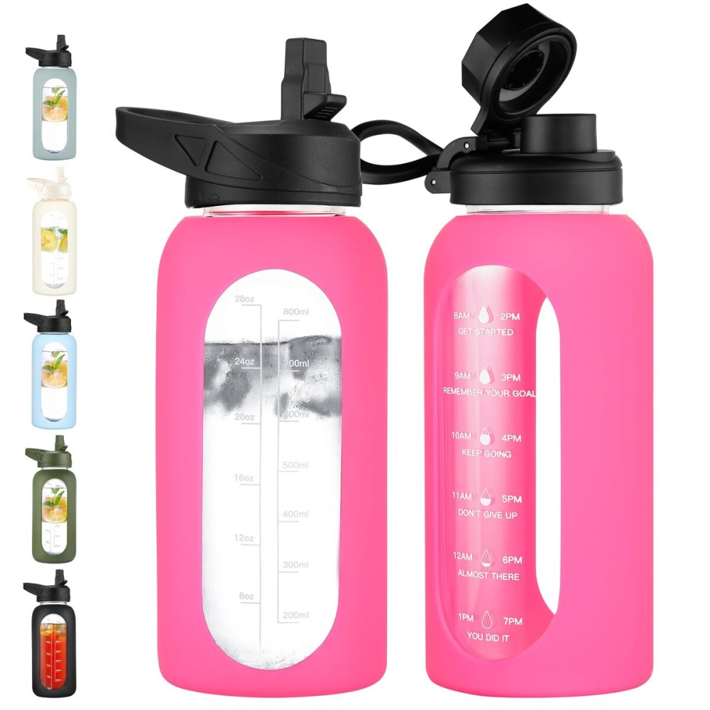 CIVAGO 32 oz Glass Water Bottle with Straw and Handle, Large Sports Motivational Water Bottle Flask with Time Marker and 2 Lids, Leakproof Water Jug Canteen with Silicone Sleeve for Gym,Camelia