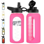 CIVAGO 32 oz Glass Water Bottle with Straw and Handle, Large Sports Motivational Water Bottle Flask with Time Marker and 2 Lids, Leakproof Water Jug Canteen with Silicone Sleeve for Gym,Camelia