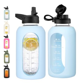 CIVAGO 64 oz Glass Water Bottle Jug with Straw and Handle, Half Gallon Sports Motivational Water Bottle with Time Marker, Wide Mouth Flask Canteen with Silicone Sleeve for Gym, Light Blue