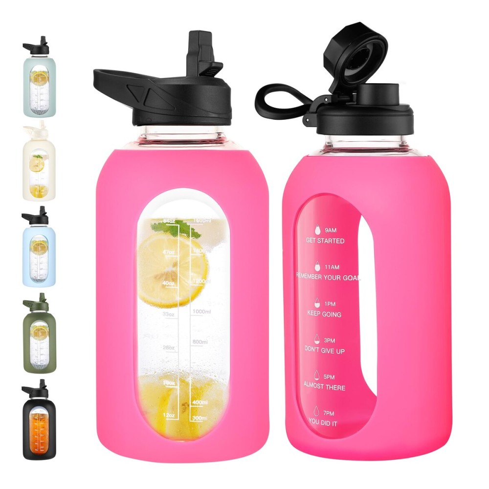 CIVAGO 64 oz Glass Water Bottle Jug with Straw and Handle, Half Gallon Sports Motivational Water Bottle with Time Marker, Wide Mouth Water Flask Canteen with Silicone Sleeve for Gym,Camelia