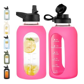 CIVAGO 64 oz Glass Water Bottle Jug with Straw and Handle, Half Gallon Sports Motivational Water Bottle with Time Marker, Wide Mouth Water Flask Canteen with Silicone Sleeve for Gym,Camelia