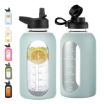 CIVAGO 64 oz Glass Water Bottle Jug with Straw and Handle, Half Gallon Sports Motivational Bottle with Time Marker and 2 Lids, Flask Canteen with Silicone Sleeve for Gym, Sage