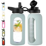 CIVAGO 32 oz Glass Water Bottle with Straw and Handle, Large Sports Motivational Water Bottle Flask with Time Marker and 2 Lids, Leakproof Water Jug Canteen with Silicone Sleeve for Gym, Sage