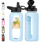 CIVAGO 32 oz Glass Water Bottle with Straw and Handle, Large Sports Motivational Water Bottle Flask with Time Marker, Leakproof Water Jug Canteen with Silicone Sleeve for Gym,Light Blue