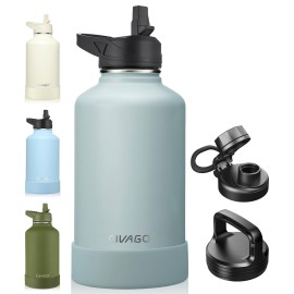 CIVAGO 64 oz Insulated Water Bottle With Straw, Half Gallon Stainless Steel Sports Water Flask Jug with 3 Lids (Straw, Spout and Handle Lid), Large Metal Thermal Cup Mug, Sage