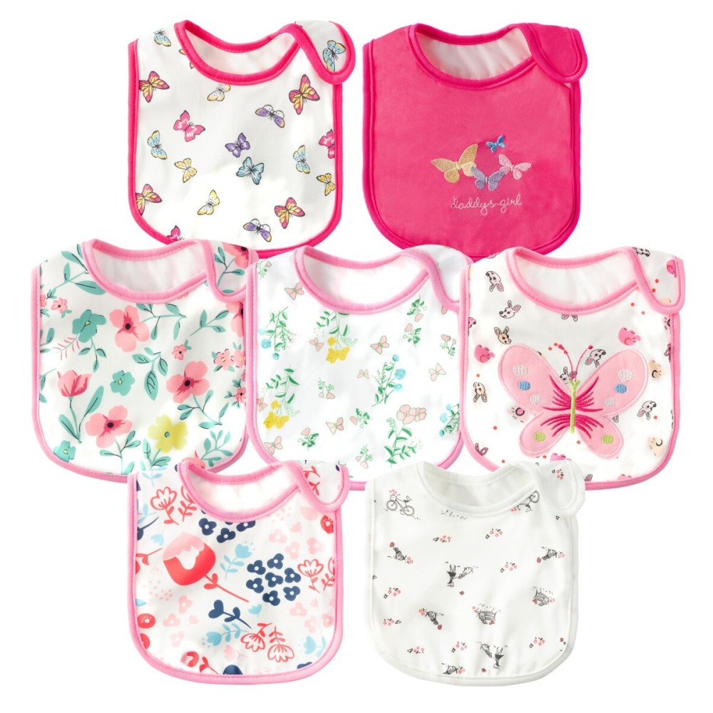 2ooya 7Pcs Cotton Waterproof Baby Bibs Adjustable Hook Loop Closure Infant Bib Pink Floral Newborn Babies Food Bibs Keepsake Baby Gift for 6-12 Months Baby Girl Teething Drooling Feeding Eating