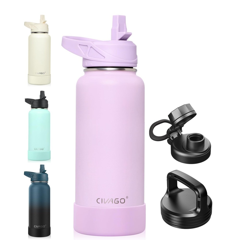 CIVAGO 32 oz Insulated Water Bottle With Straw, Stainless Steel Sports Water Cup Flask with 3 Lids (Straw, Spout and Handle Lid), Wide Mouth Travel Thermal Mug, Lavender