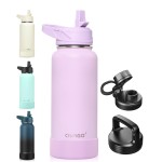 CIVAGO 32 oz Insulated Water Bottle With Straw, Stainless Steel Sports Water Cup Flask with 3 Lids (Straw, Spout and Handle Lid), Wide Mouth Travel Thermal Mug, Lavender