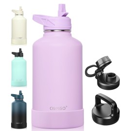 CIVAGO 64 oz Insulated Water Bottle With Straw, Half Gallon Stainless Steel Sports Water Flask Jug with 3 Lids (Straw, Spout and Handle Lid), Large Metal Thermal Cup Mug, Lavender