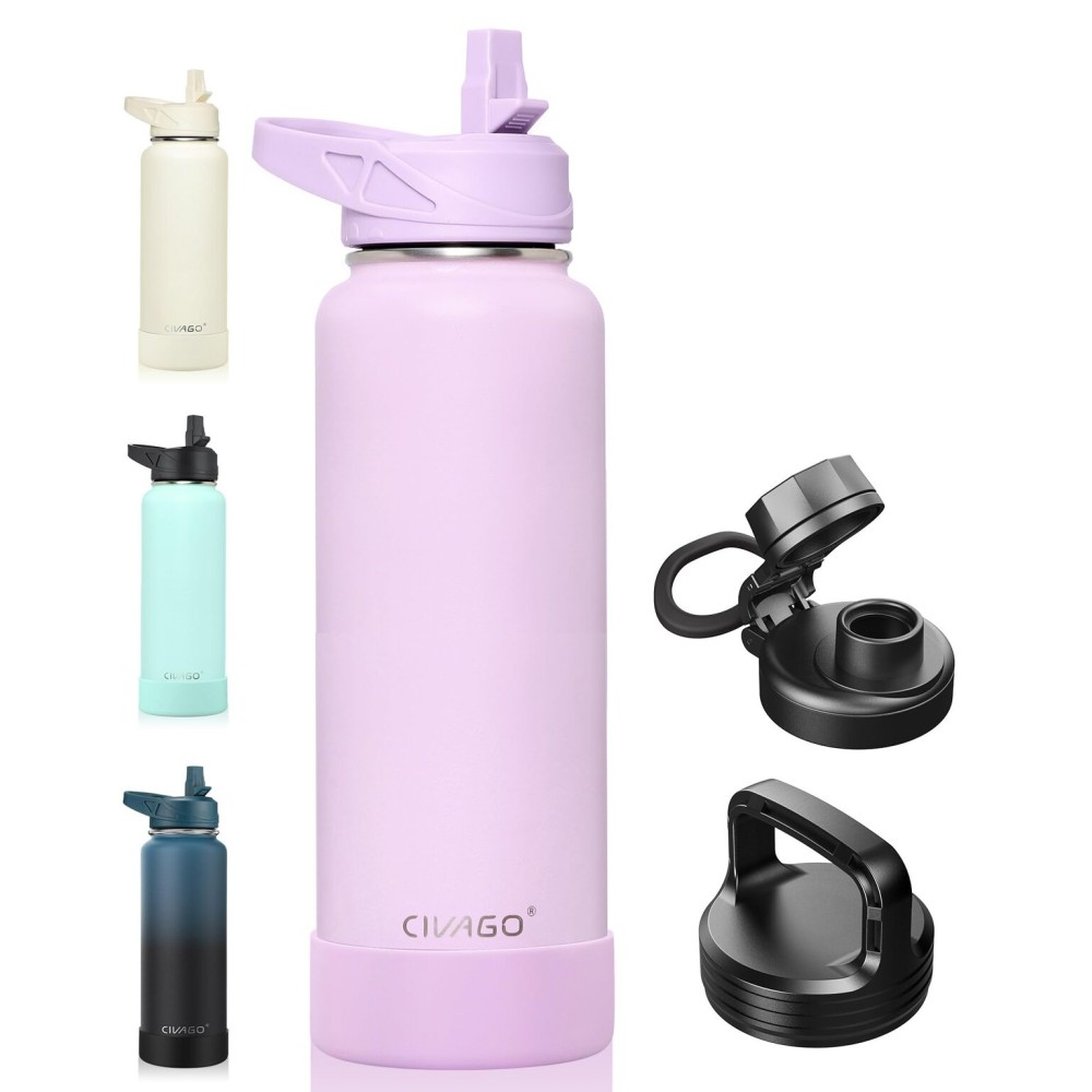 CIVAGO 40 oz Insulated Water Bottle With Straw, Stainless Steel Sports Water Flask Cup with 3 Lids (Straw, Spout and Handle Lid), Double Walled Travel Thermal Canteen Mug, Lavender