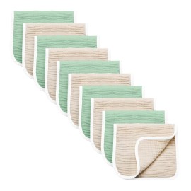 Synrroe Burp Cloths Large, Muslin Burp Cloths for Baby Girls and Boys, Pack of 10 Extra Absorbent and Soft Muslin, 6 Layers 20 by 10 Inches 100% Cotton (Brown-Green 10 Pack)