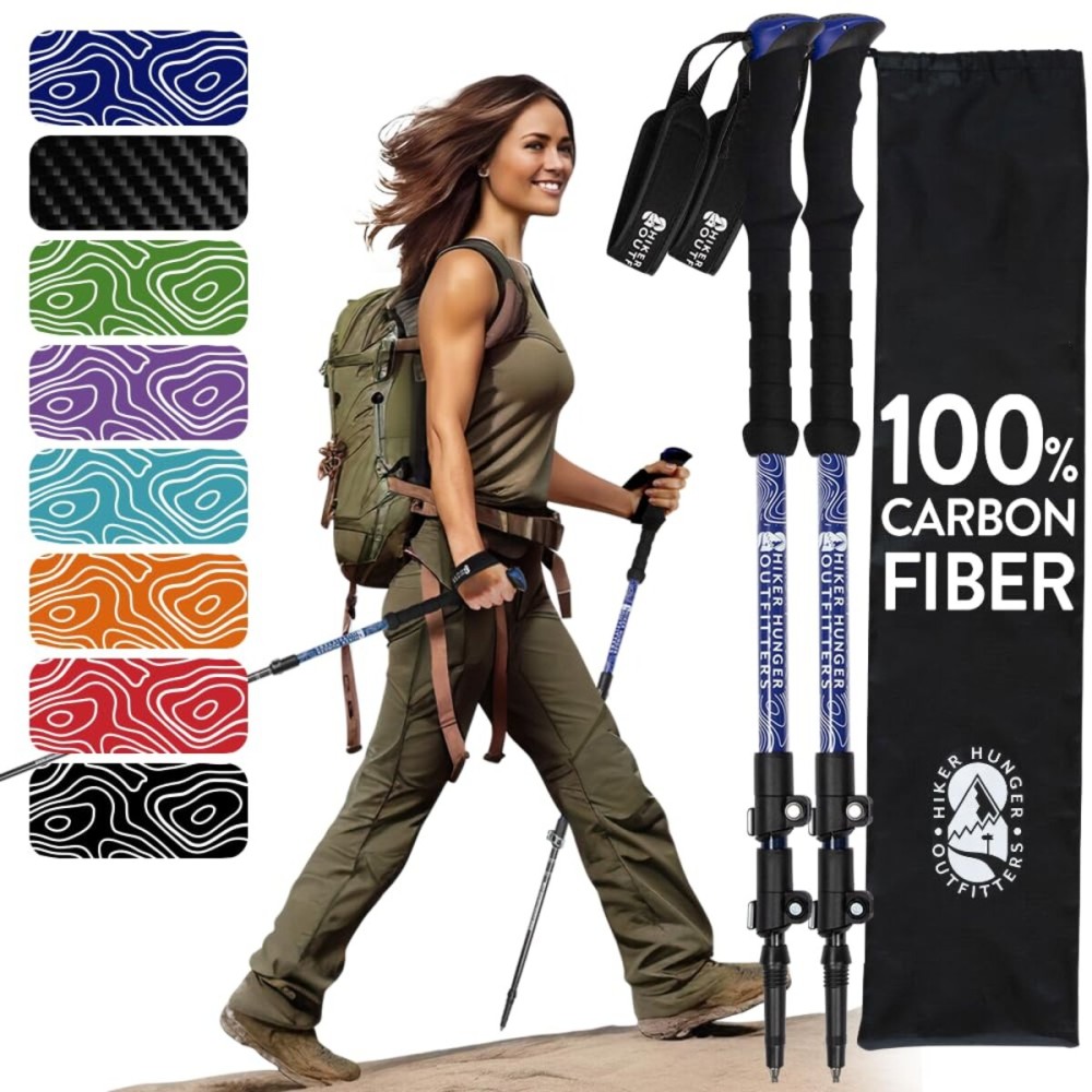 100% Carbon Fiber Trekking Poles by USA Brand - Ultra Strong Lightweight Collapsible Hiking Poles with Cork and EVA Foam Grips & Quick Adjustable Flip Locks