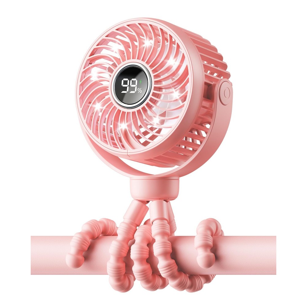 Bearwind Mini Portable Stroller Fan for Travel,360 Rotation,4-Speed LED Night Light Clip on Fans Operated by Rechargeable Battery, Cordless Fan with Tripod Car Seat Baby Pram (Pink)