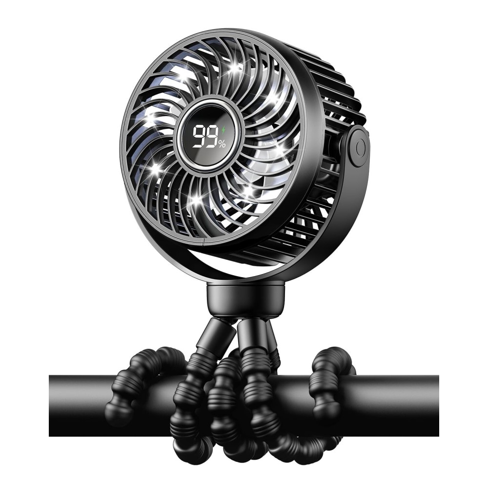 Bearwind Mini Portable Stroller Fan for Travel,360 Rotation,4-Speed LED Night Light Clip on Fans Operated by Rechargeable Battery, Baby Essentials for Car Seat Beach Bed Golf Cart (Black)