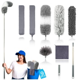 9Pcs Dusters for Cleaning Kit, Extendable Microfiber Duster Tools with 100 Long Pole, Retractable Gap Bendable Dust Cleaner, Reusable Washable Cleaning Supplie for Ceiling Fan Furniture Cars and Home