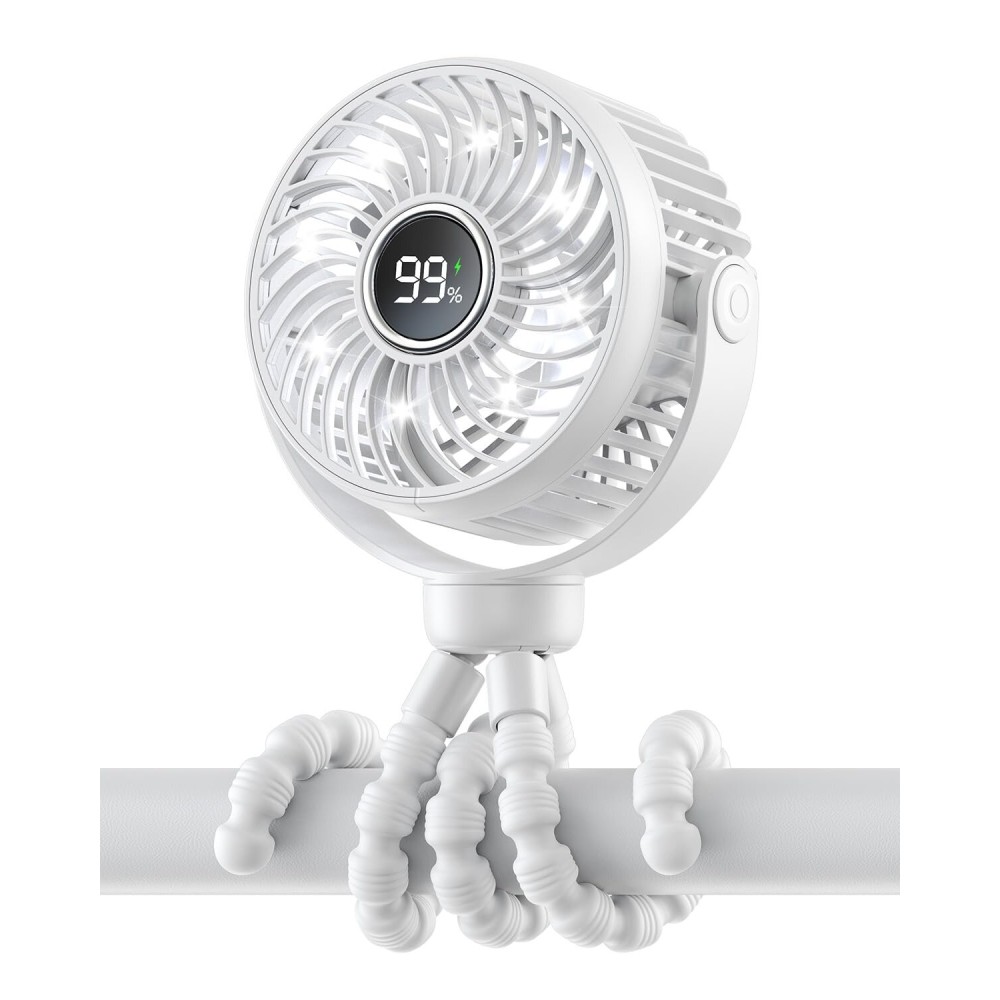 Bearwind Mini Portable Stroller Fan for Travel,360 Rotation,4-Speed LED Night Light Clip on Fans Operated by Rechargeable Battery, Cordless Fan with Tripod Car Seat Baby Pram (White)