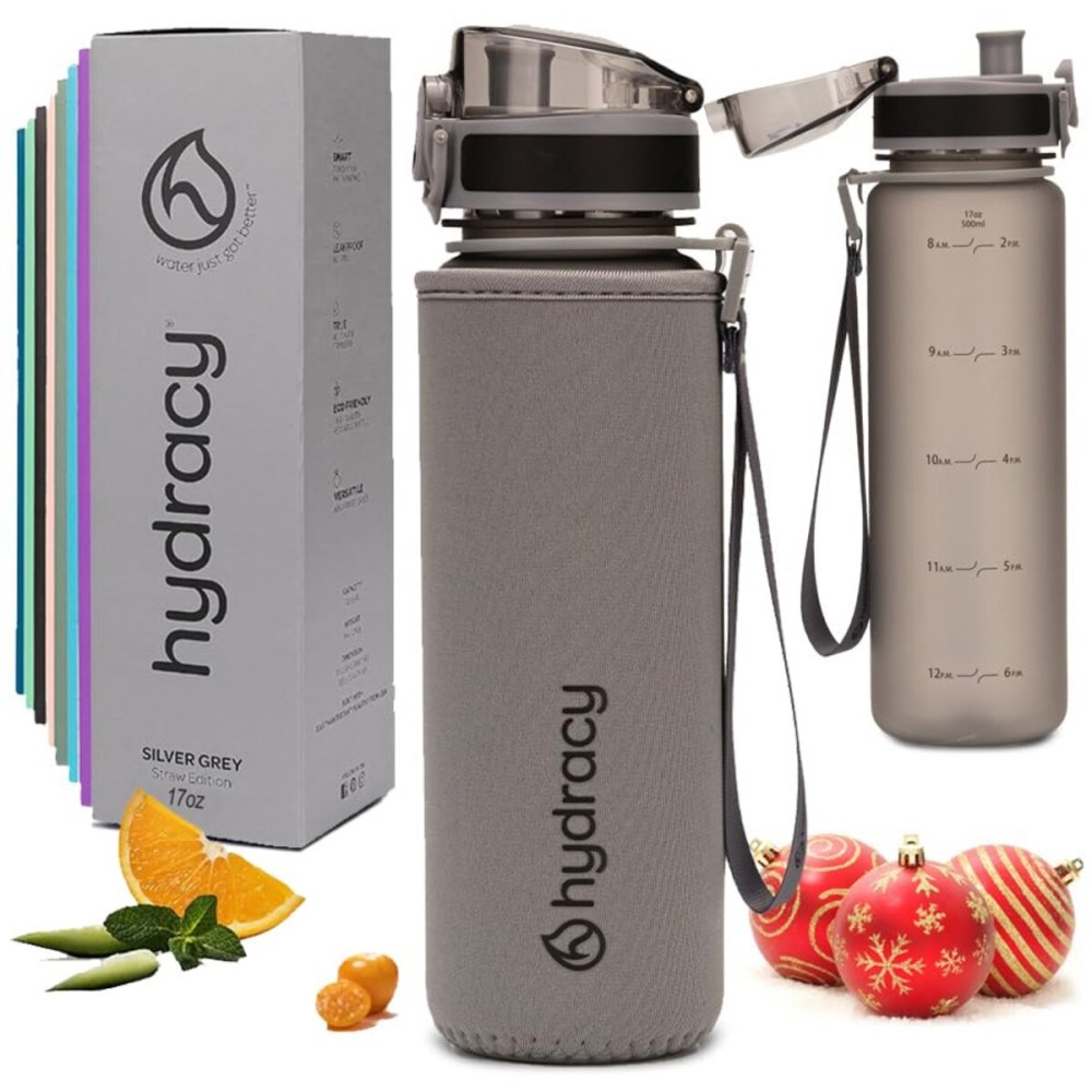 Hydracy Water Bottle with Time Marker - 500 ml 17 Oz BPA Free Water Bottle - Leak Proof & No Sweat Gym Bottle with Fruit Infuser Strainer - Ideal for Fitness or Sports & Outdoors