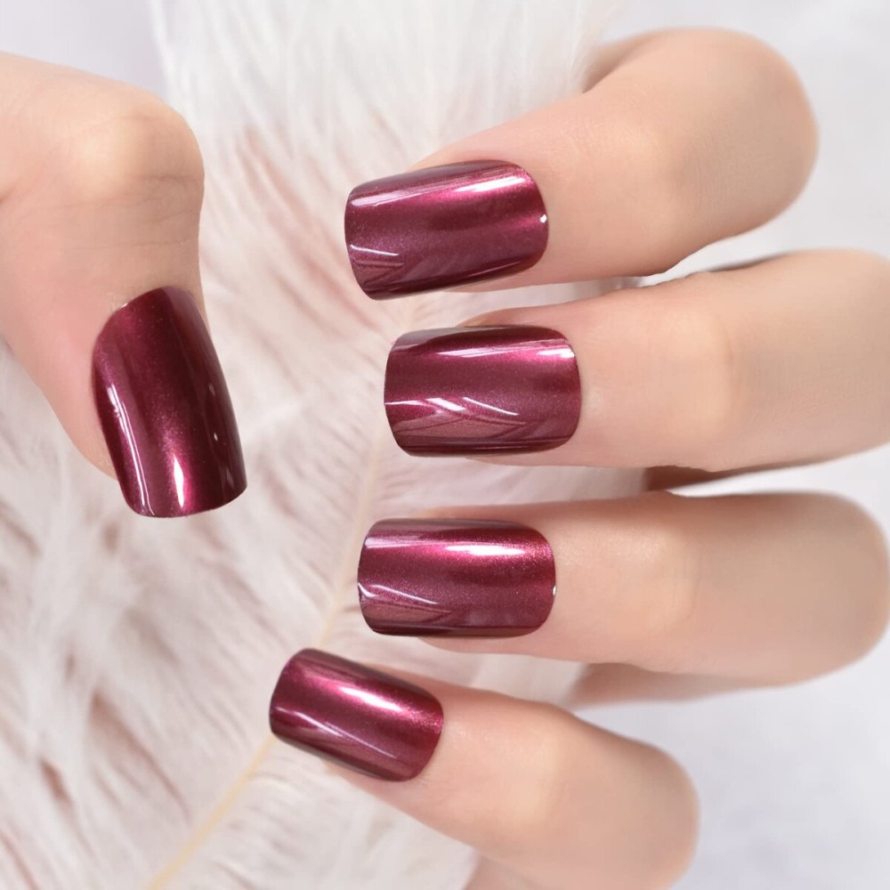 Metal Claret Design Press on Nails - iBeautying False Nails - Glossy Mirror Dark Wine Red Finish Finger Daily Wear Nail - Medium-short Square Acrylic Reusable Fake Nails 24pcs