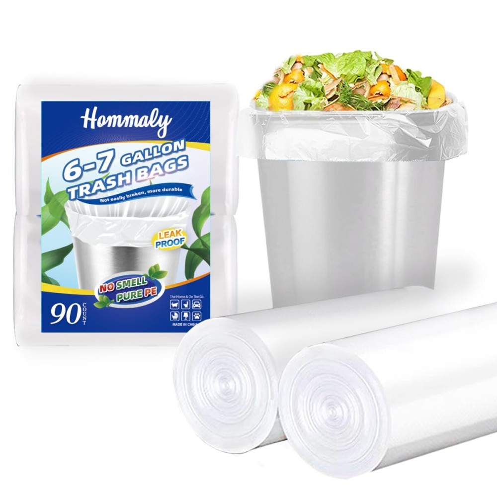 Hommaly 6-7 Gallon 90 pcs Small Clear Trash Bags Strong Clear Garbage Bags, Bathroom Trash Can Bin Liners, Plastic Bags for Office, Fit 6 gallon,7 gallon Waste Basket Liner 5,6,7 Gal(6-7G90-Clear)