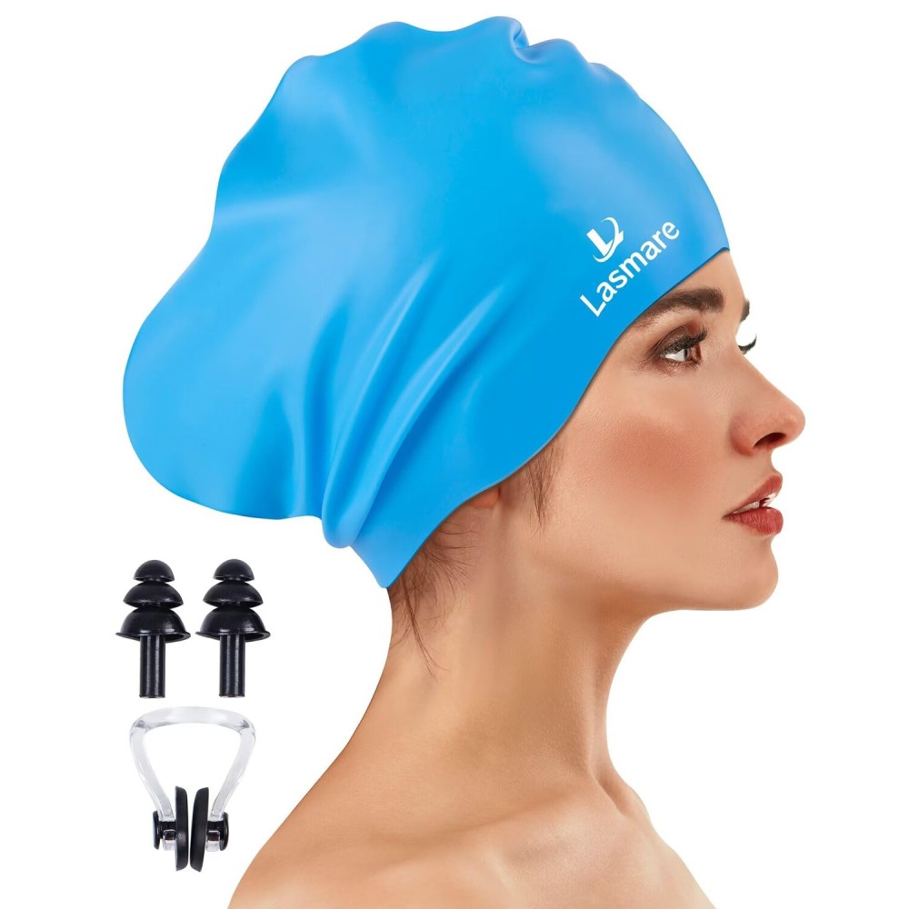 Large Long Hair Swim Cap with Extra Room for Women Men, Silicone Swimming Cap for Long Thick Hair with Ear Plugs Nose Clip Set, Adult Waterproof Swim Hats Bathing Caps to Keep Hair Dry(Sky Blue)