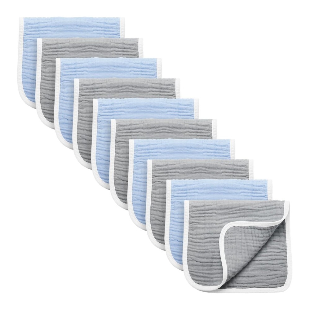 Synrroe Burp Cloths Large, Muslin Burp Cloths for Baby Girls and Boys, Pack of 10 Extra Absorbent and Soft Muslin, 6 Layers 20 by 10 Inches 100% Cotton (Blue-Grey 10 Pack)