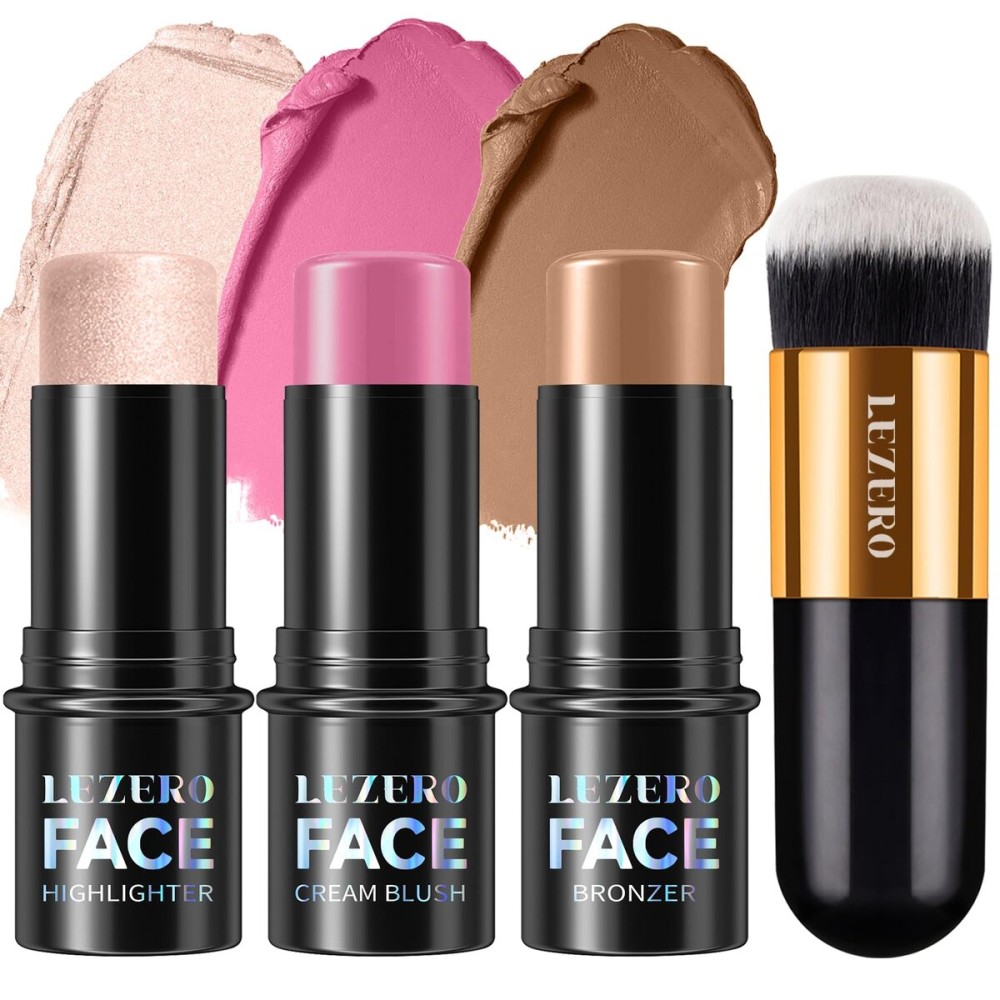 Lezero 3Pcs Contour Stick Makeup Kit, Shades with Highlighter, Blush and Bronzer Stick for Sculpt the Face and All Skin Type, Long Lasting, Smooth, Dewy & Matte Finish, 1 LIGHT FAIR