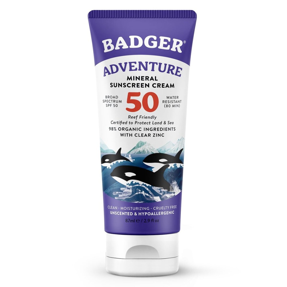 Badger Mineral Sunscreen SPF 50 Zinc Oxide Sunscreen with 98% Organic Ingredients, Reef-Safe, Broad-Spectrum, Hypoallergenic, Water Resistant, Unscented Adventure Sport 2.9 fl oz