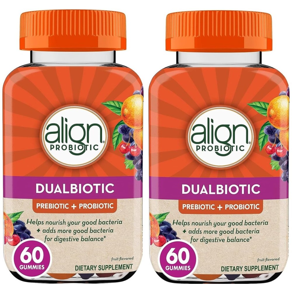 Align DualBiotic, Prebiotic + Probiotic for Women and Men, Help Nourish and Add Good Bacteria for Digestive Support, Natural Fruit Flavors, 60 Gummies (Pack of 2)