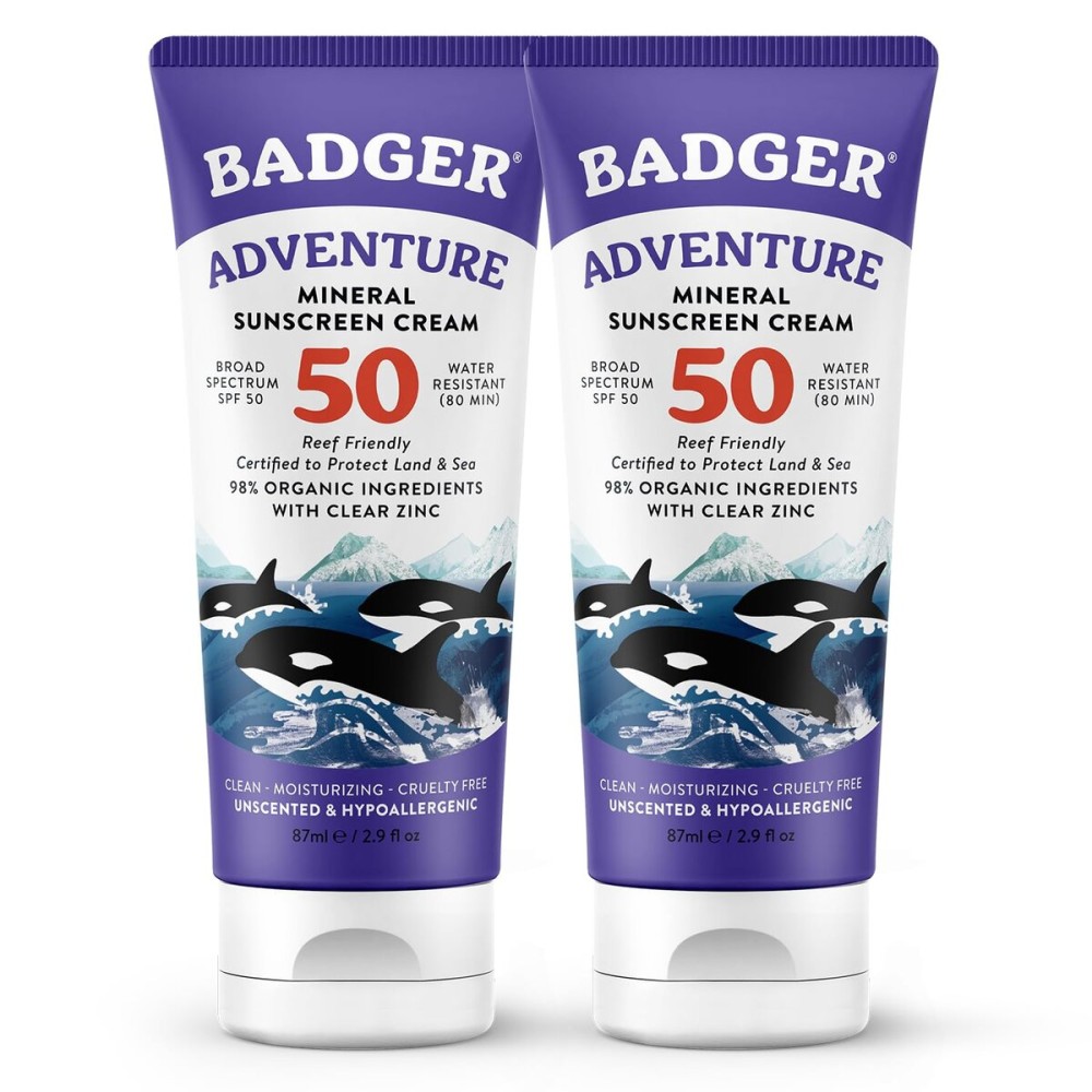 Badger Biodegradable Reef Safe Sunscreen, SPF 50 Unscented Zinc Oxide Sunscreen, 98% Organic Ingredients, Water Resistant Adventure Sport Sunblock, 2.9 fl oz, 2-Pack