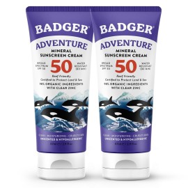 Badger Biodegradable Reef Safe Sunscreen, SPF 50 Unscented Zinc Oxide Sunscreen, 98% Organic Ingredients, Water Resistant Adventure Sport Sunblock, 2.9 fl oz, 2-Pack